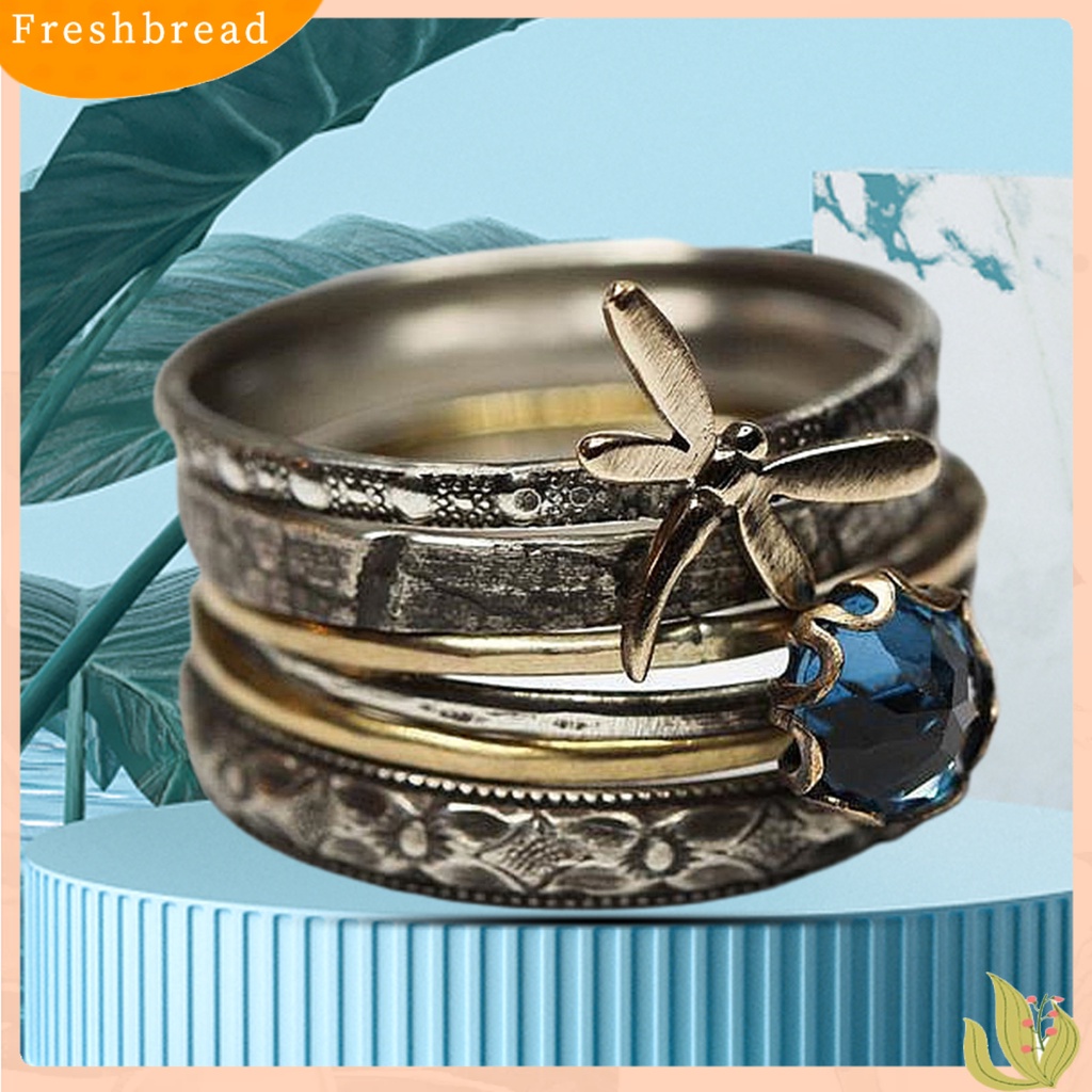 &lt; Freshbread &gt; Cincin Jari Gaya Vintage Multi-layer Anti-Cacat Capung Biru Faux Kristal Engagement Ring Untuk Pacaran