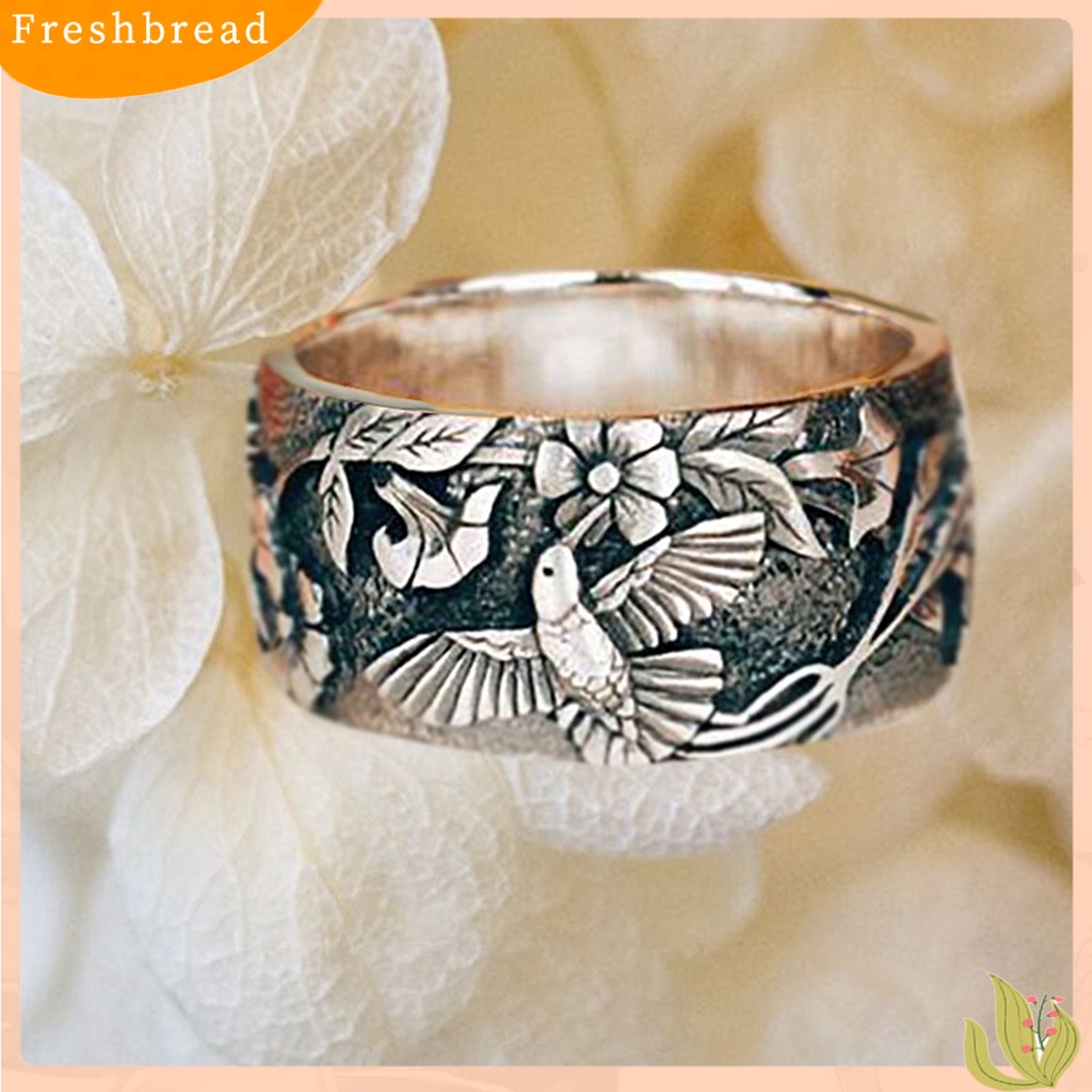 &lt; Freshbread &gt; Burung Pola Bunga Unisex Cincin Retro Warna Paduan Lebar Hip Hop Jari Cincin Aksesori Perhiasan