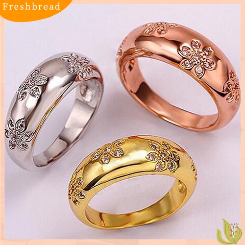 &lt; Freshbread &gt; Wanita Isi Emas 9K Cubic Zirconia Pola Bunga Ukiran Band Cincin Perhiasan