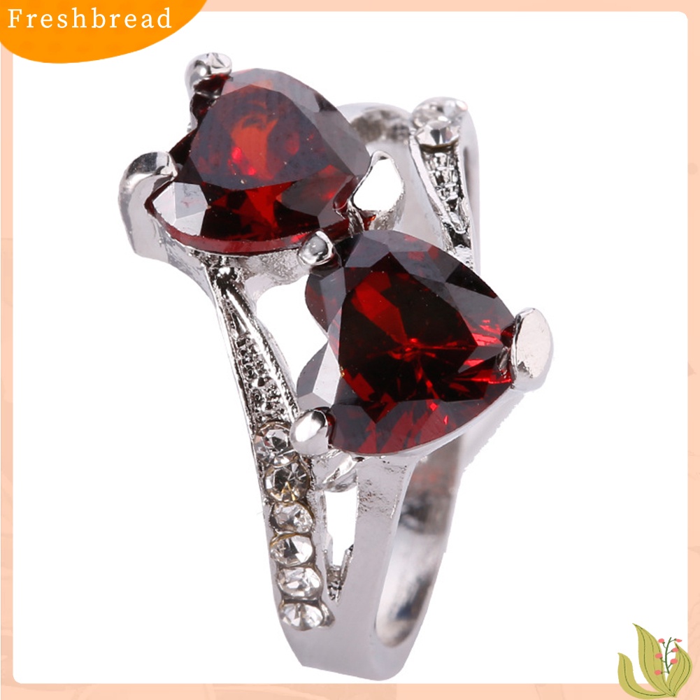< Freshbread > Fashion Wanita Mewah Cubic Zirconia Berlian Imitasi Bertatahkan Cinta Ganda Cincin Hati