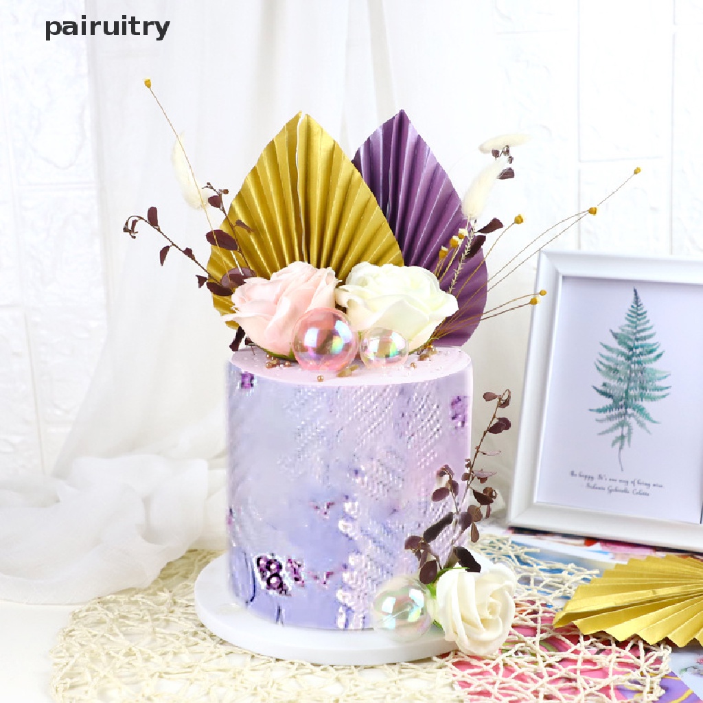 Prt 2pcs Paper Fan Cake Topper Gold Palm Leaf Dekorasi Pesta Ulang Tahun Kue Insert PRT