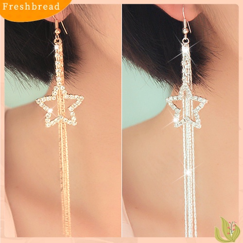 &lt; Freshbread &gt; Berlian Imitasi Wanita Pentacle Star Drop Jumbai Panjang Rantai Kait Menjuntai Anting Linear