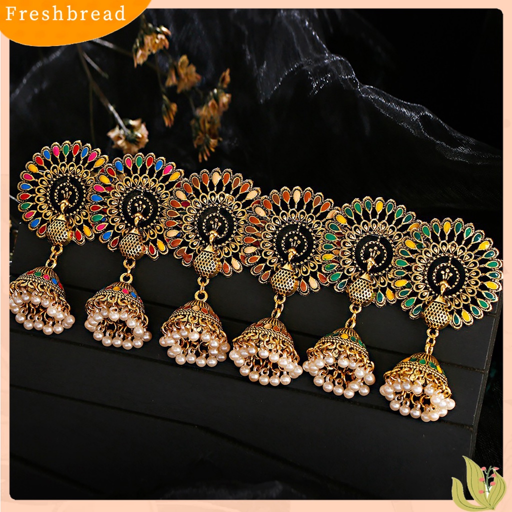 &lt; Freshbread &gt; 2Pcs Anting Menjuntai Gaya India Bell Rumbai Mutiara Imitasi Warna-Warni Geometris Hias Hadiah Wanita Merak Liontin Anting Perhiasan Fashion Untuk Pakaian Sehari-Hari