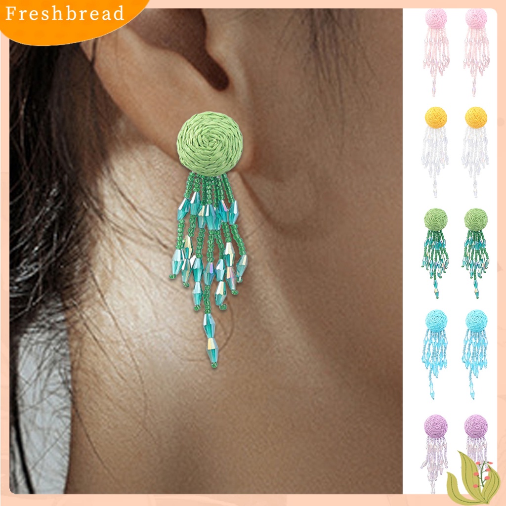 &lt; Freshbread &gt; 1pasang Anting Wanita Warna Kontras Berlebihan Ringan Tahan Lama Portabel Kepala Bulat Dikepang Rumbai Manis Menjuntai Anting-Anting Lady Earrings Jewelry