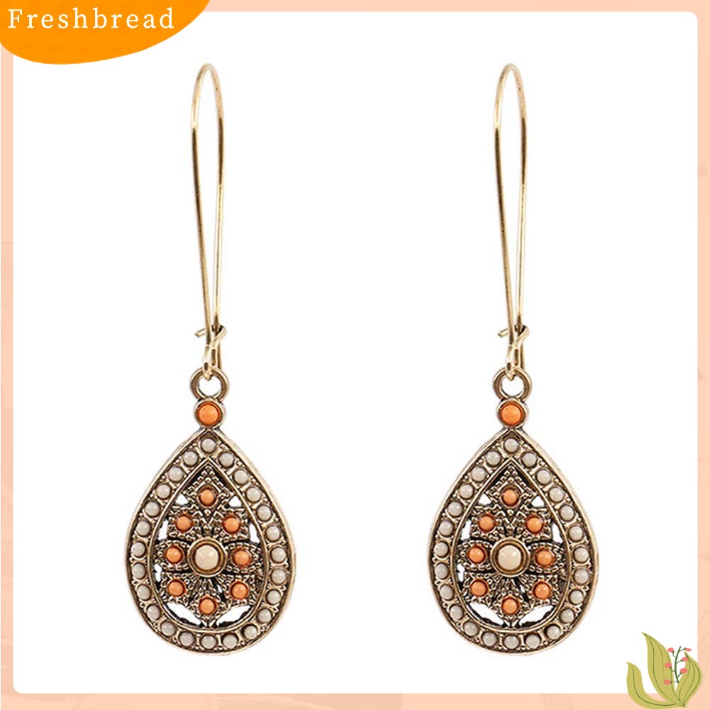 &lt; Freshbread &gt; Bohemian Wanita Manik-Manik Faux Turquoise Hias Hollow Teardrop Menjuntai Kait Anting