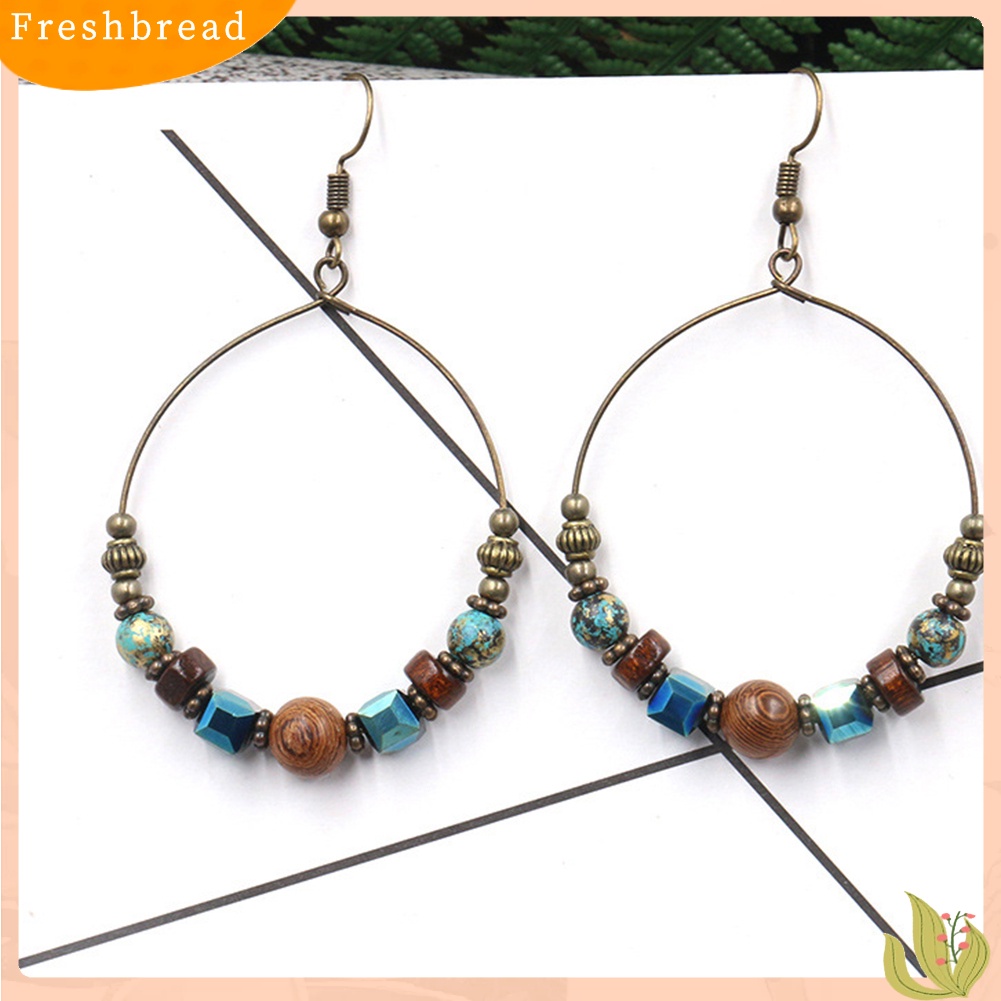 &lt; Freshbread &gt; Bohemian Lingkaran Besar Manik-Manik Kayu Kait Anting Wanita Etnik Faux Turquoise Jewelry