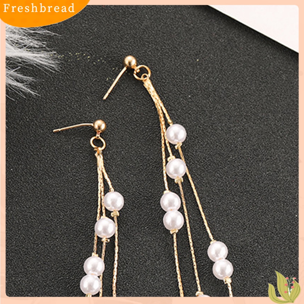 &lt; Freshbread &gt; 1pasang Anting Menjuntai Jumbai Panjang Elegan Alloy Berkilau Berlian Imitasi Anting Mutiara Imitasi Untuk Wanita