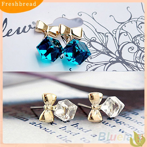 &lt; Freshbread &gt; Wanita Kilau Chic Ikatan Simpul Shiny Cube Berlian Imitasi Ear Studs Lucu Menjuntai Anting-Anting