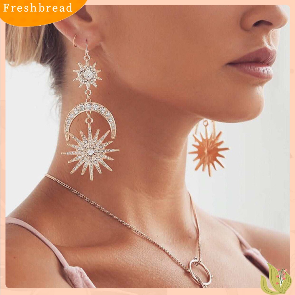 &lt; Freshbread &gt; Mewah Matahari Bulan Drop Anting-Anting Berlian Imitasi Mengkilap Ear Hook Boho Statement Jewelry