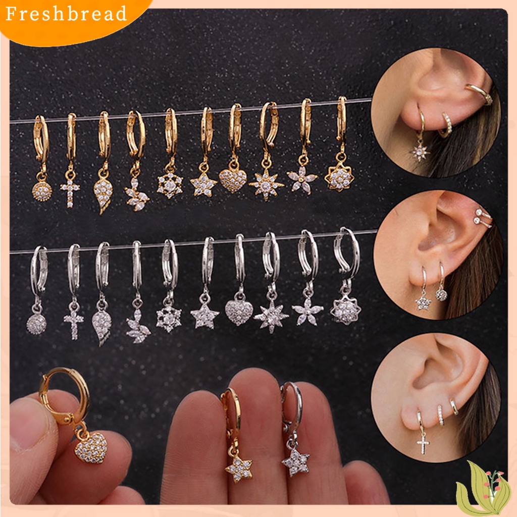 &lt; Freshbread &gt; 1Pc Wanita Cubic Zirconia Hias Salib Hati Bunga Menjuntai Huggie Anting Perhiasan