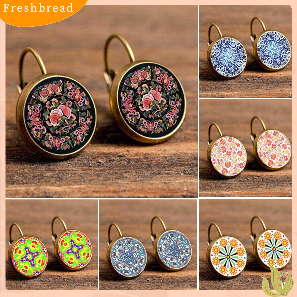 &lt; Freshbread &gt; Retro Mandala Bunga Bulat Perunggu Klip Telinga Gadis Wanita Leaverback Earrings