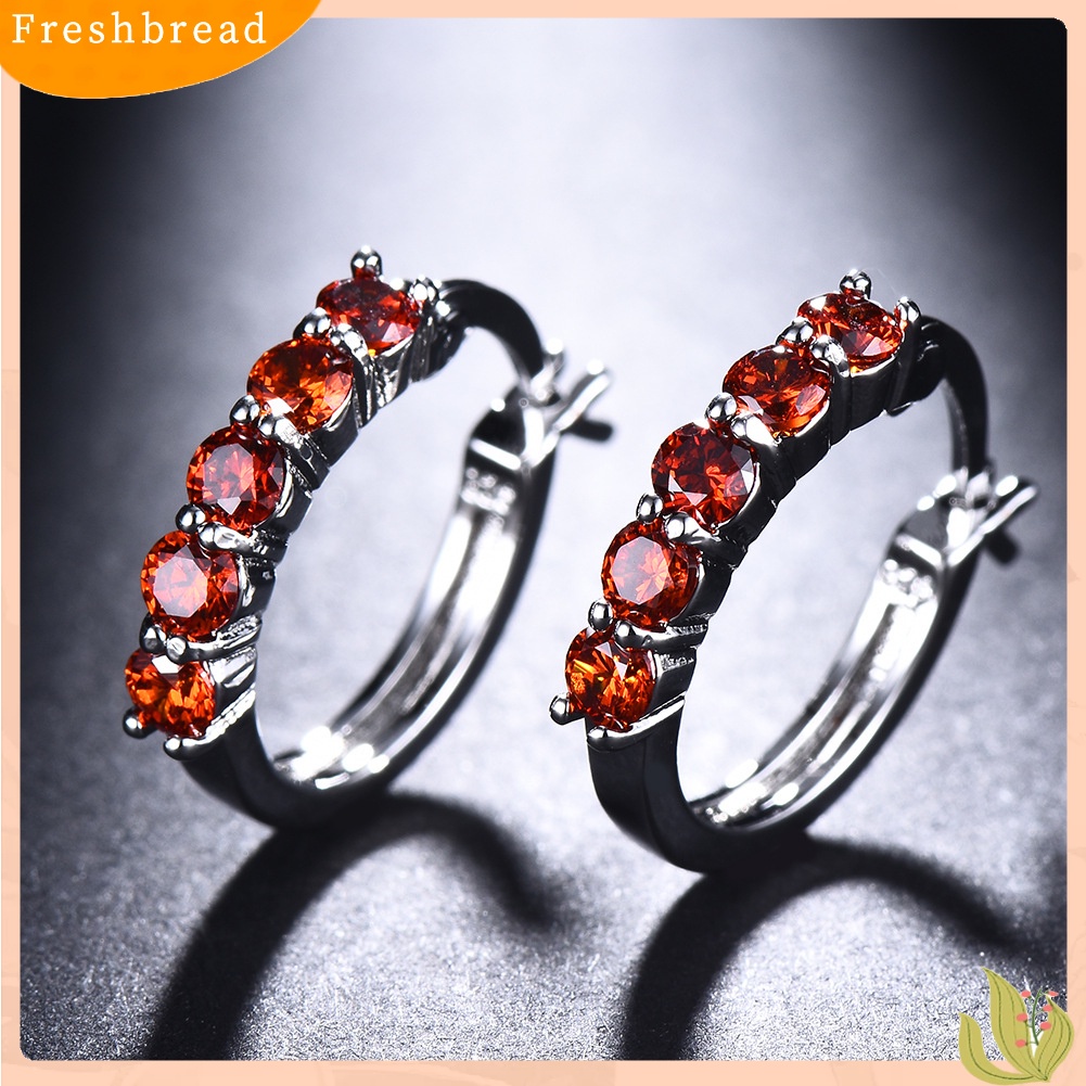 &lt; Freshbread &gt; Wanita Potongan Bulat Cubic Zirconia Hias Perak Disepuh Huggie Earrings Perhiasan Hadiah