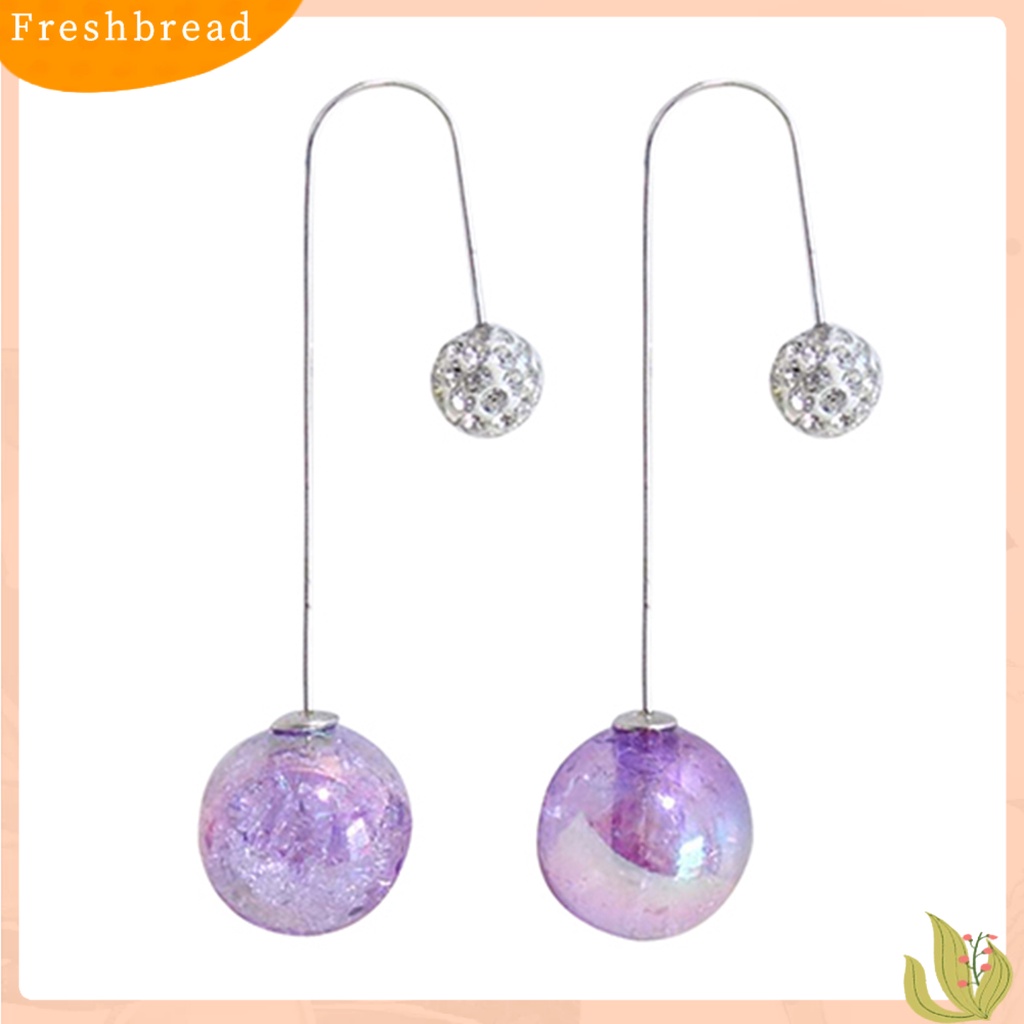 &lt; Freshbread &gt; Wanita 2ujung Bola Tembus Retak Mutiara Imitasi Menjuntai Panjang U Hook Earrings