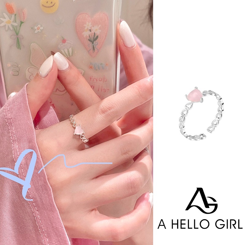 Cincin Open Ring Adjustable Desain Hati Hias Zirkon Pink Untuk Wanita