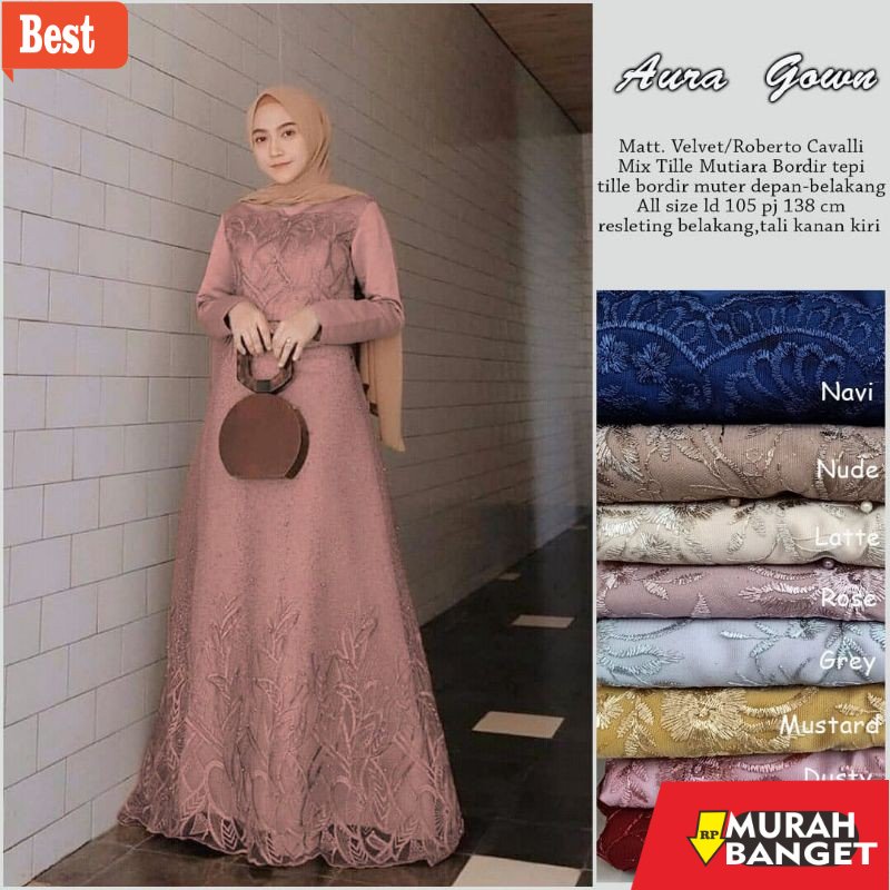 GAMIS SIZE BESAR TERBARU- Gamis Muslimah Aura Gown 2 Dress Brukat Tile Jumbo xxl ld 120cm Sahita Max