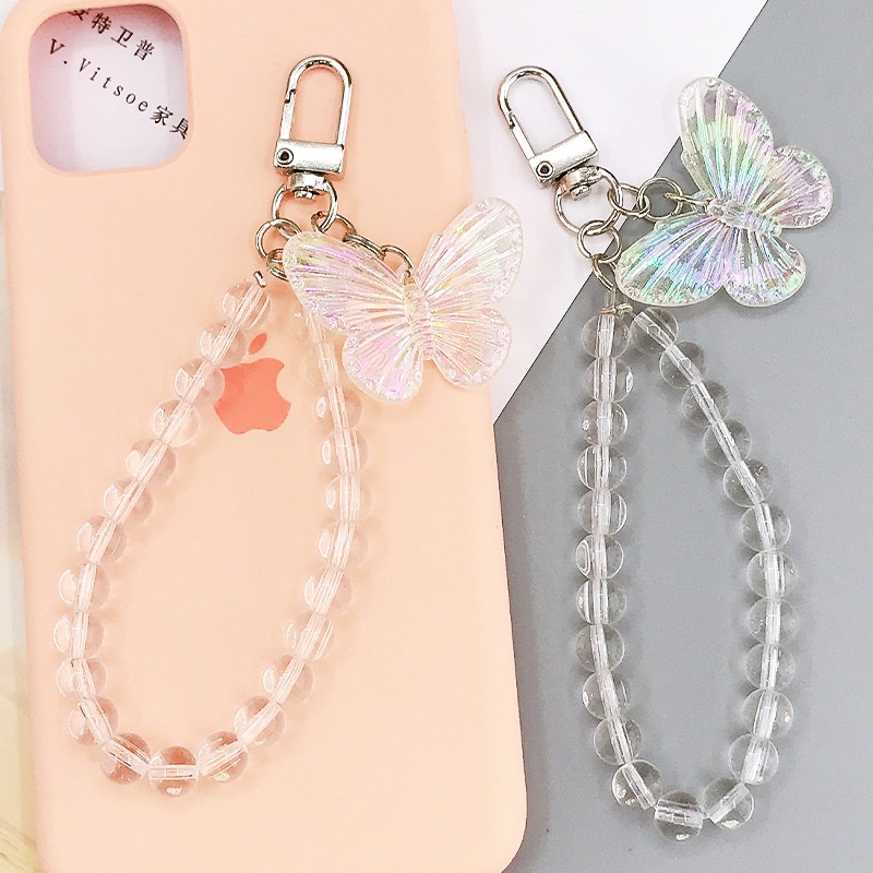 3d Pearlescent Transparan Kupu-Kupu Bulat Bening Akrilik Kristal Manik-Manik Rantai Telepon Bluetooth Earphone Case Cover DIY Aksesoris Untuk iPhone Untuk OPPO Untuk VIVO Untuk Airpods Inpods