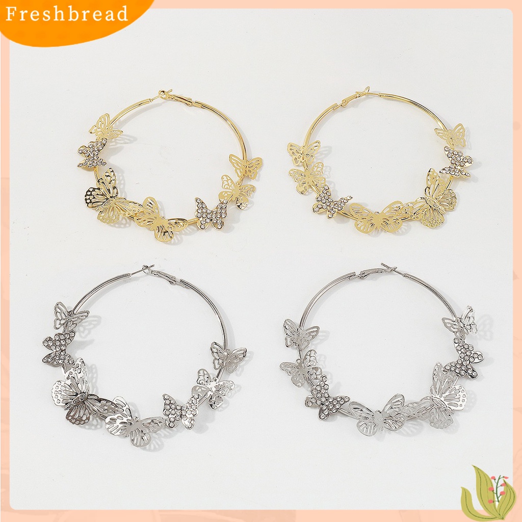 {In Stock} 1pasang Anting Hoop Vintage Geometris Berlebihan Berlian Imitasi Mengkilap Hias Dekorasi Hadiah 3D Berongga Keluar Kupu-Kupu Wanita Anting Lingkaran Untuk Perjamuan