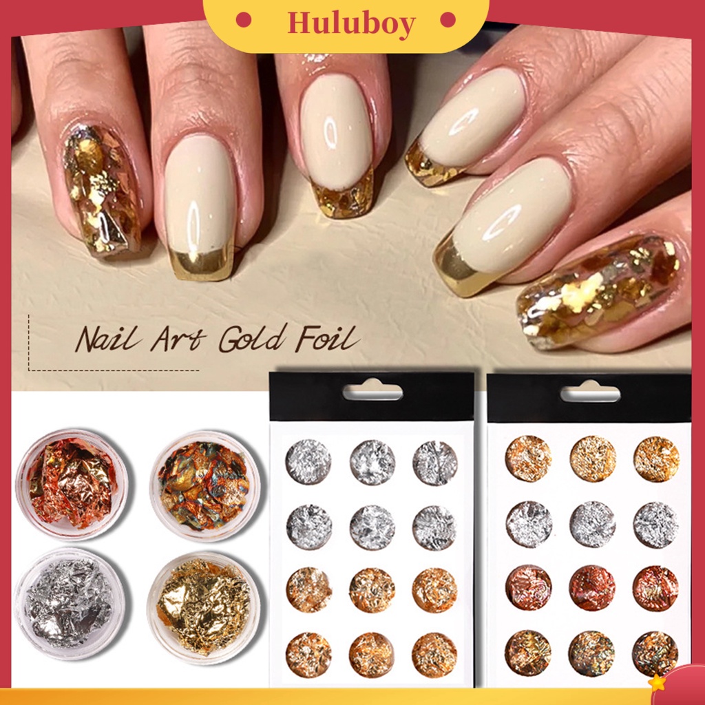 {In Stock} 12Pcs/Set Foil Kuku Ultra Tipis Mudah Ditempelkan Foil Kuku Emas Ringan Sequin Flakes Untuk Manicure