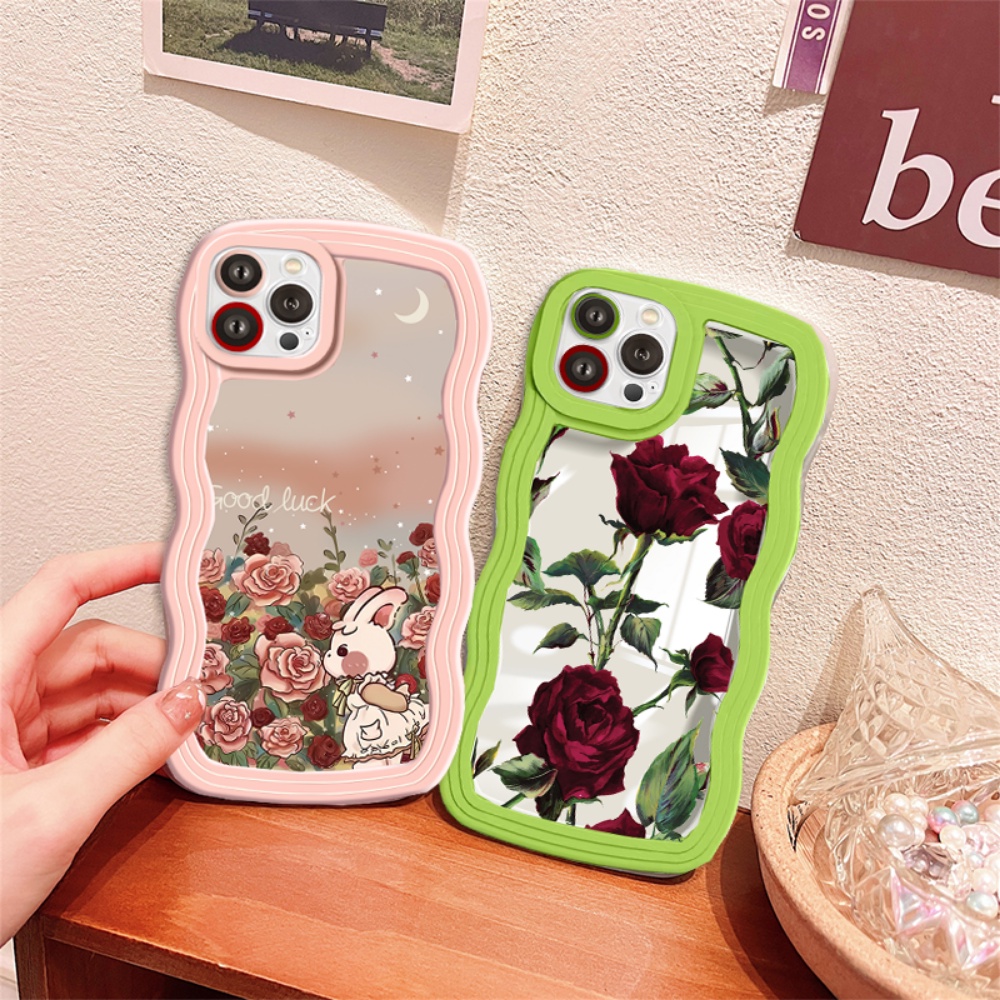 Casing Lucu Kompatibel Untuk iPhone 11 Pro Max 7Plus XR X XS Max 6s 7 8 6 14 Plus 13 11 12 14 Pro Max SE Lukisan Cat Minyak Spiked Rose Bergambar Kelinci Bergelombang Bingkai Soft Cover BY