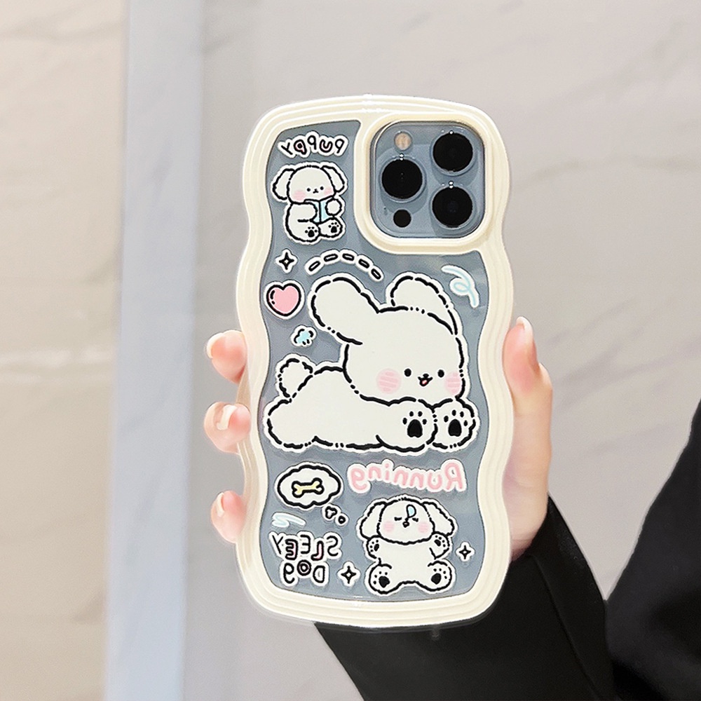 2in1 Handpainting Kartun Anjing Anjing Anjing Berbentuk Gelombang Telepon Transparan Case Cover Untuk Iphone X XR XS 11 12 13 PRO MAX