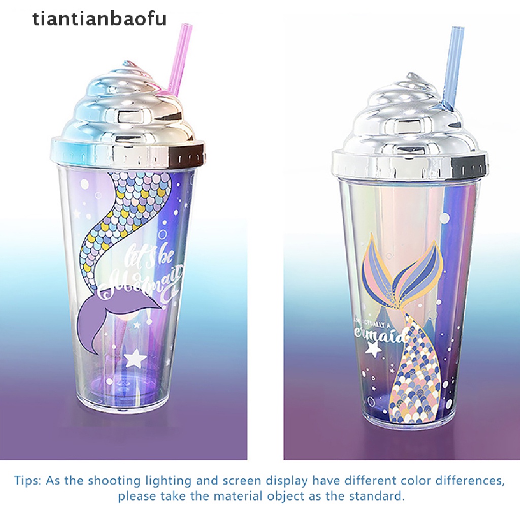 [tiantianbaofu] 420ml Cangkir Air Dengan Sedotan Double Wall Insulasi Panas BPA Free Anti Bocor Perlengkapan Minum Plastik Motif Mermaid Sippy Cup Butik