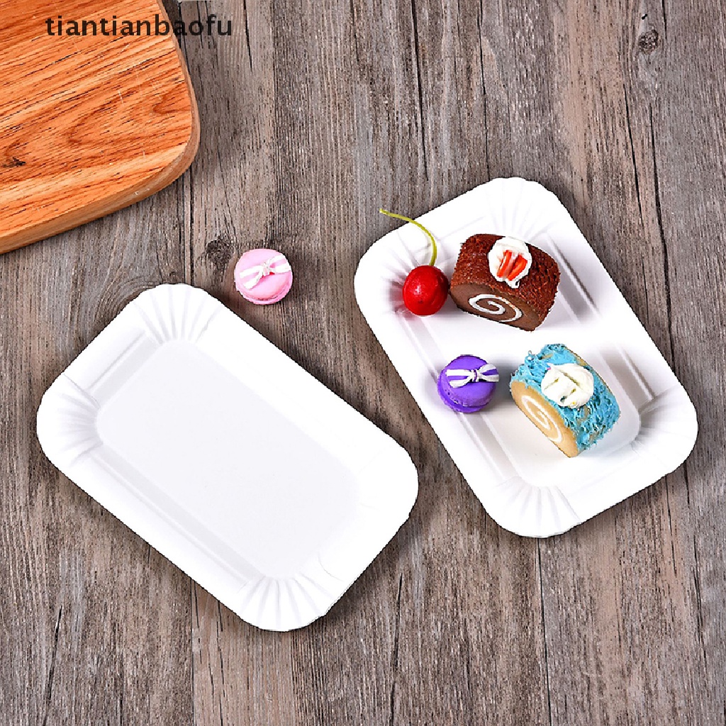 [tiantianbaofu] 50/100pcs Rectangular Cake Tray White Paper Plate Piring Kertas Makan Sekali Pakai Butik