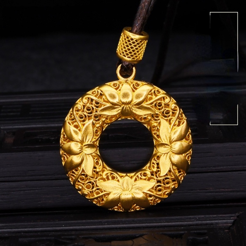 Goldkingdom Aksesoris Perhiasan Fashion Ready Stock, Tradisi Kuno, Mewarisi Liontin Emas Gesper Aman Lotus Dan Melubangi Wanita &amp;#Kalung Fashion 039; s.