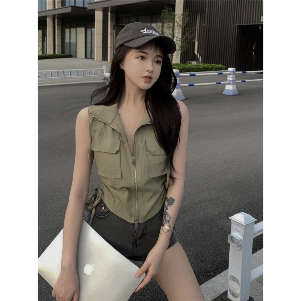 Red Pocket Sleeveless Top Street Wind Zipper Tooling High-end Pony Clip Women s Summer Thin Section BM Longgar Casual Short Jacket