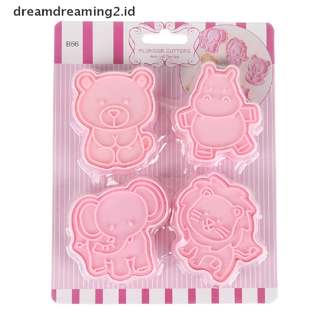 (hot) 4pcs/set Kartun Gajah Singa Hippo Bear Hewan Cookie Cutter Biskuit Baking Buah Dapur Kue Cetakan Alat Embos Pring Fondant Kue Pastry Mold//