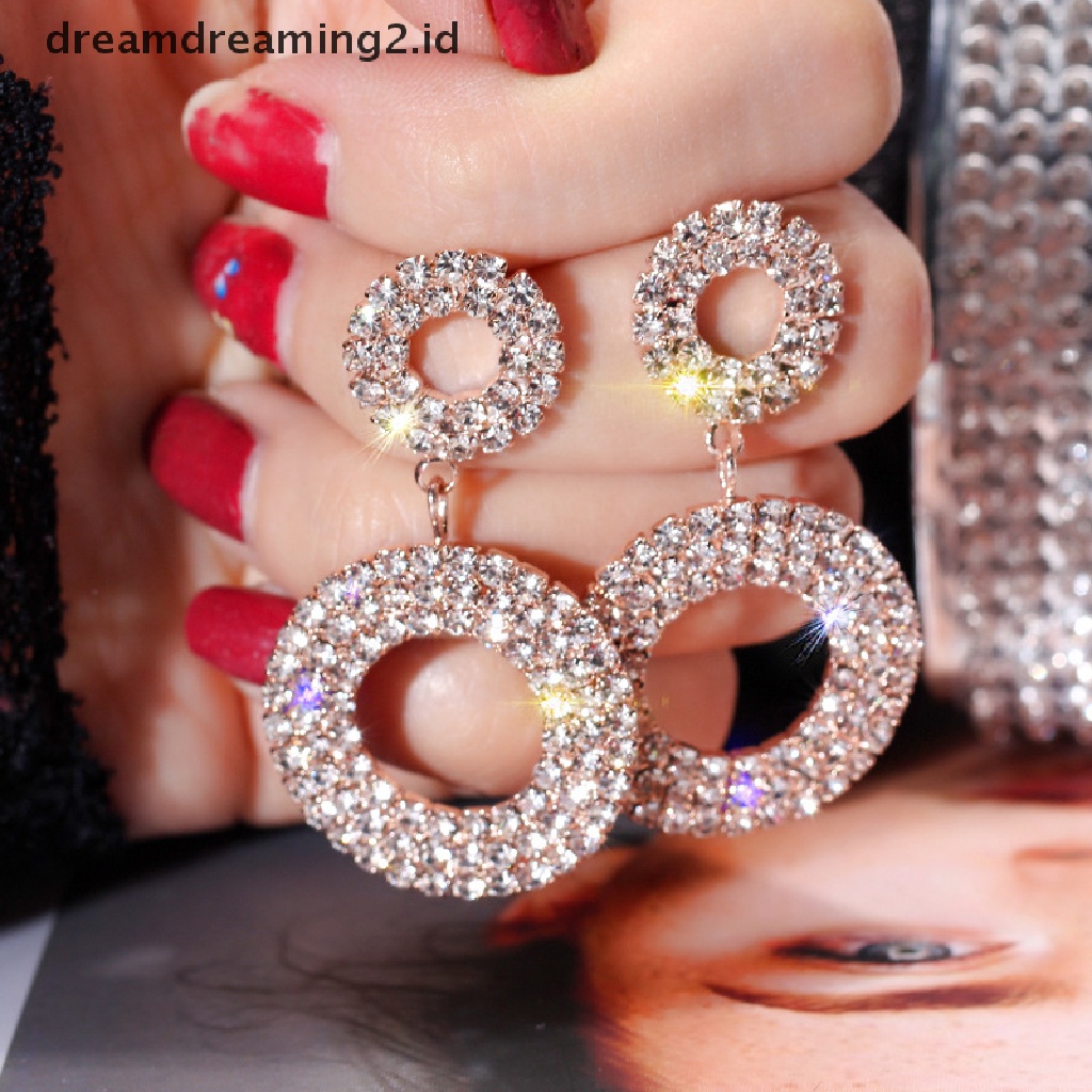 (hot) Anting Bulat Wanita Kristal Geometris Hoop Earrings Hadiah Perhiasan Pernikahan//