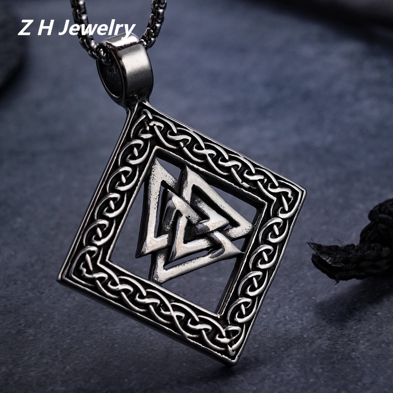 [Z H Perhiasan] Vintage Nordic Viking Punk Cross Segitiga Rune Liontin Pria Dan Wanita Fashion Stainless Steel Kalung Hip Hop Pesta Perhiasan Aksesoris