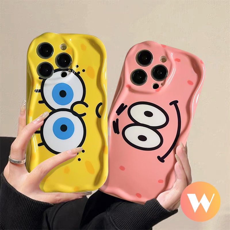 IPHONE Casing Glossy Tepi Melengkung Bergelombang 3D Kompatibel Untuk Iphone11 13 12 14 Pro Max 7Plus XR 6 7 6s 8 Plus X XS Max SE 2020 Kartun Lucu SpongeBob Patrick Star Shockproof Airbag Soft Cover