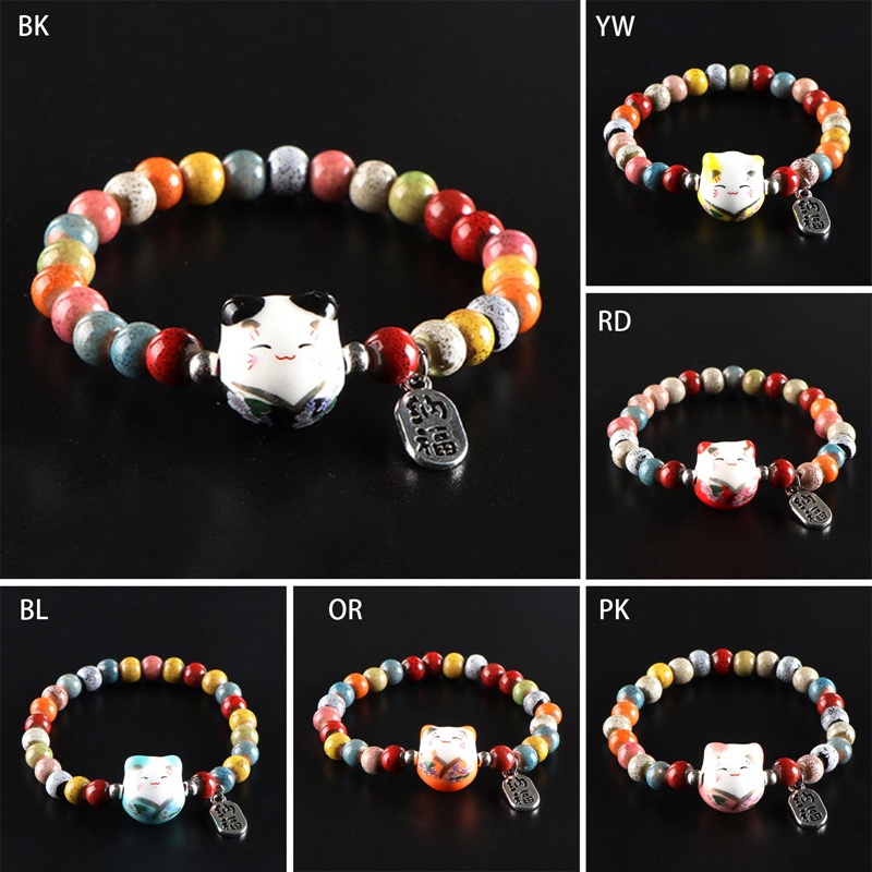 Gelang Kucing Keberuntungan Untuk Gadis Adjustable Manik-Manik Warna-Warni Gelang Harajuku Keramik Liontin Kucing Pesona Bracelets