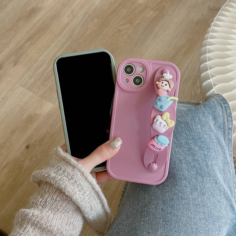 IPHONE Gelang Boneka Cewek Susu Minuman Lucu Support Soft Case HP iP Iphone6 6S 78 14+Plus SE 2020 X XS XR 11 12 13 Pro Max Woman FTD Casing Apple