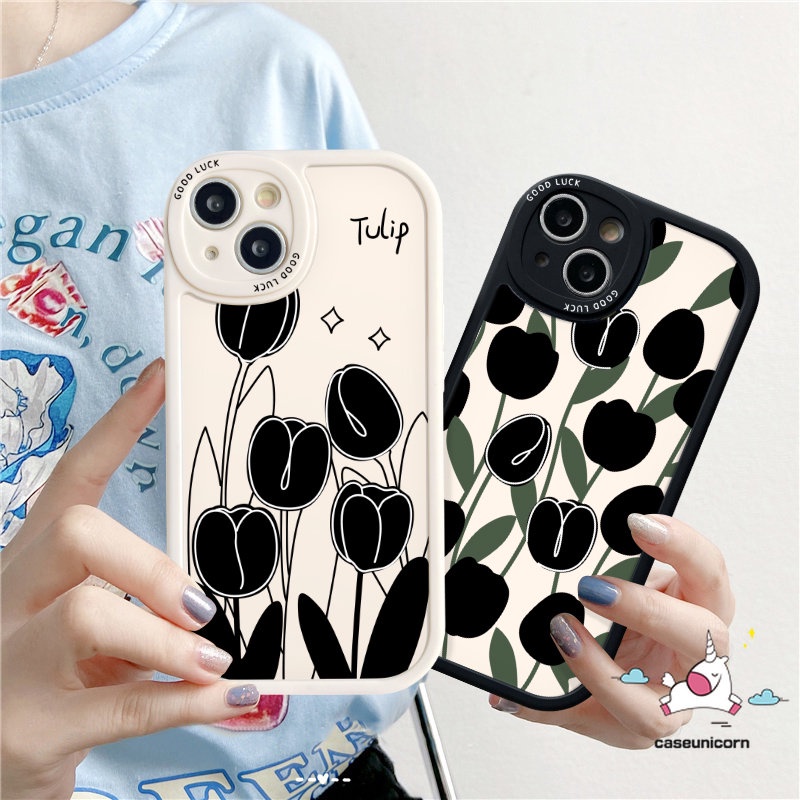 Casing Ponsel Pasangan Sederhana Modis Kompatibel Untuk iPhone XR 13 11 14 12 Pro 7 6s 6 8 Plus X XS Max 14 11 13 Pro Max SE 2020 Bunga Tulip Hitam Lembut Tpu Penutup Belakang