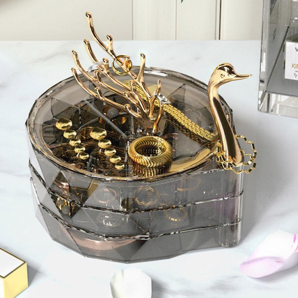 R-FLOWER Jewelry Storager Bertingkat Swan Penyimpanan Cincin Dan Kalung Perspektif Penyimpanan Anting Dust Proof Box Kotak Perhiasan