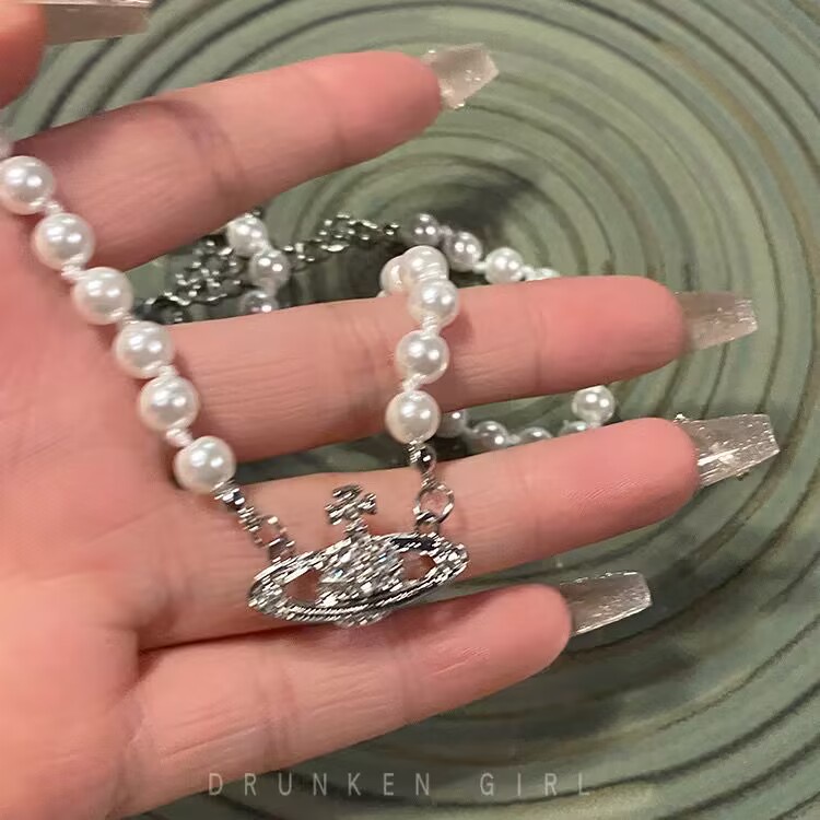 Ifyou Elegan Planet Kalung Gelang Mutiara Kristal Emas Perak Rantai Choker Gelang Untuk Wanita Perhiasan Aksesoris