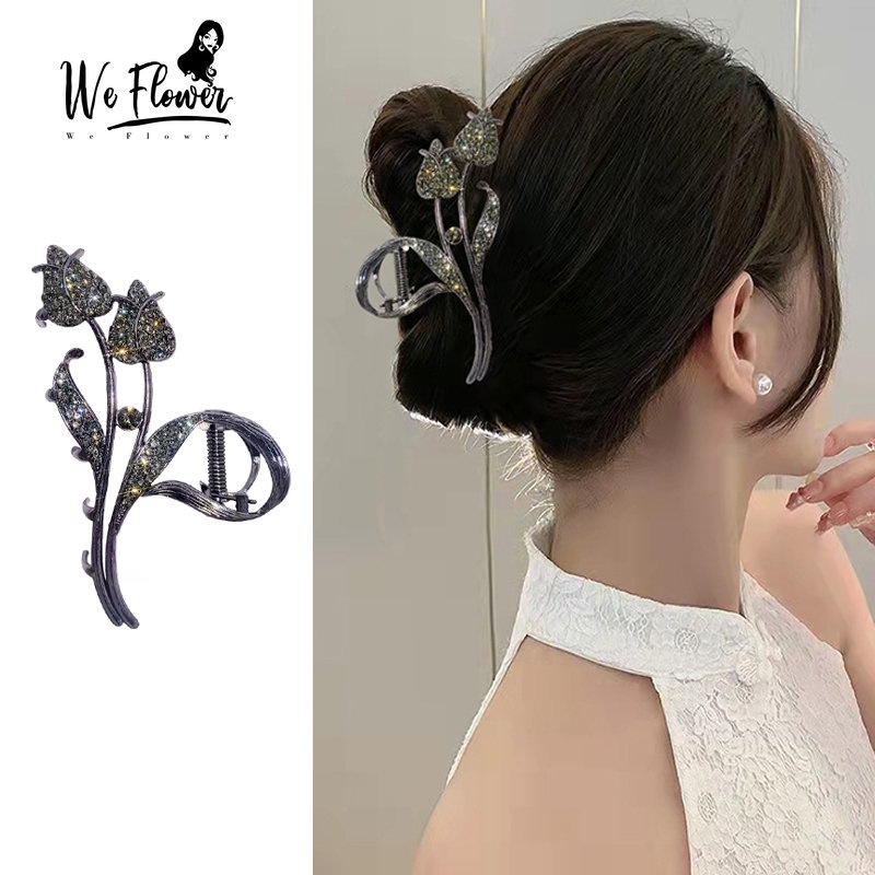 We Flower Elegan Besar Bersinar Zirkon Logam Tulip Hair Claw Clips Jepit Wanita Perempuan Korea Fashion Besar Penjepit Rambut Ponytail Holder Jepit Rambut Trendi Aksesoris Rambut