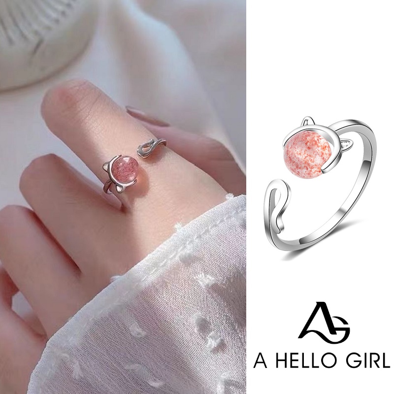 Cincin Open Ring Adjustable Desain Kucing Hias Kristal Warna Silver untuk Wanita