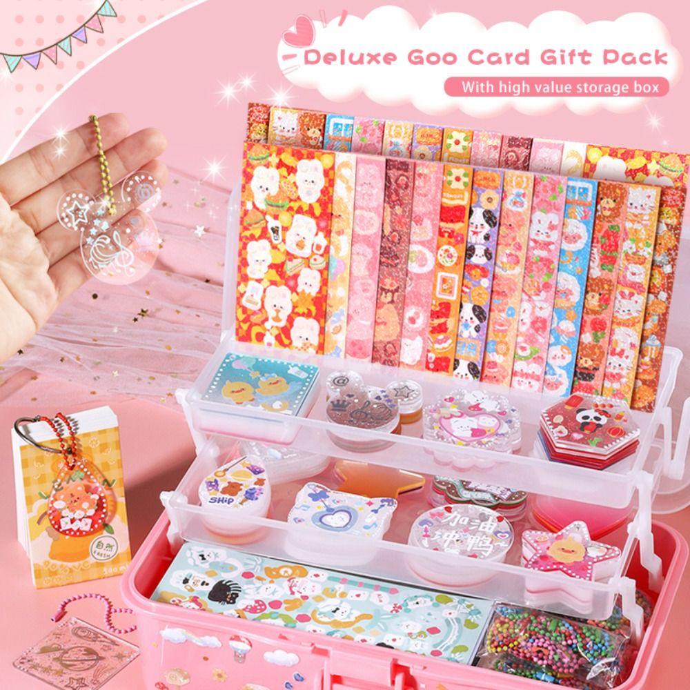 Lanfy Goo Card Stiker Set Gantungan Kunci DIY Keyring Handmake Lengkap Kotak Penyimpanan Kartun Buatan Sendiri Bahan Akun Tangan DIY Scrapbooking