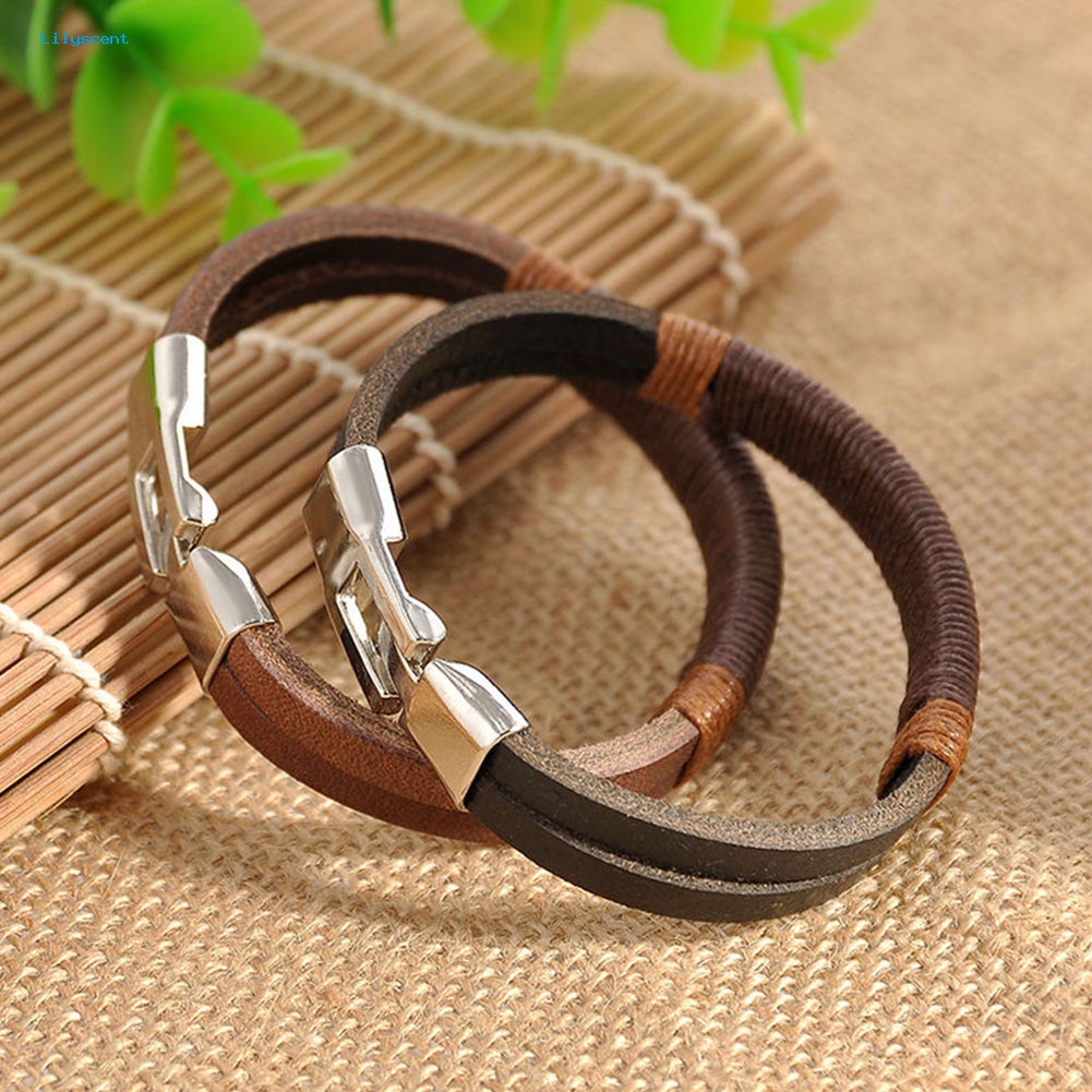 Lilyscent Pria Vintage Lebar Faux Kulit Gelang Alloy Gesper Gelang Cuff Perhiasan Hadiah