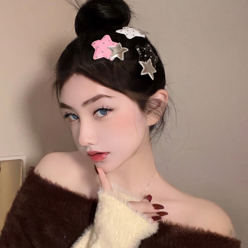 Harajuku Y2k Kulit Bintang Pentagram Jepit Rambut/Women Sweet Cute Duckbill Hair Clip/Jepit Rambut Model Tusuk Samping Gaya Milenial Mengkilap Vintage