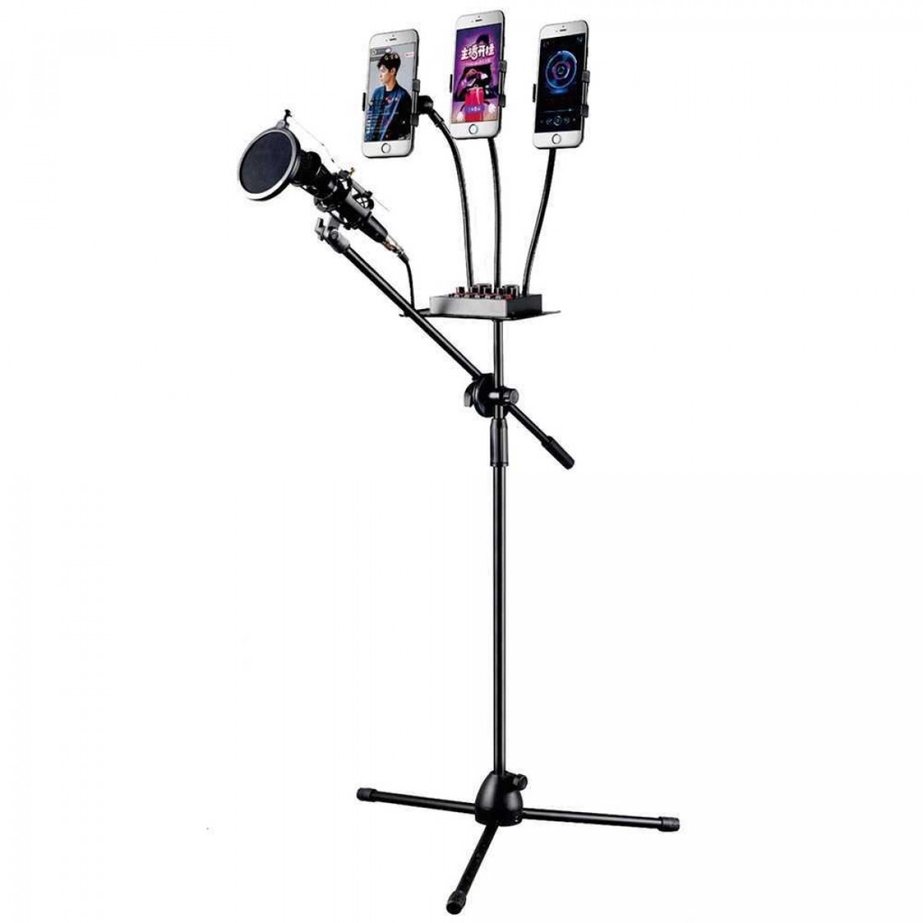 Tiang Microphone Pop filter Standing Holder Tripod 3 Smartphone Holder