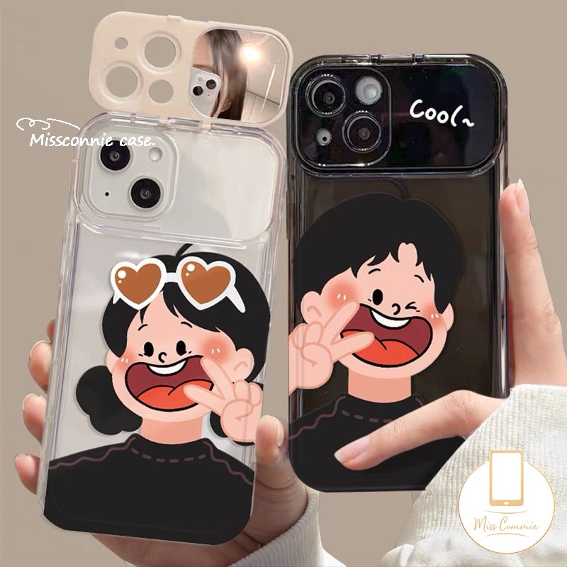 Casing Cermin Make Up Flip Kreatif Untuk Oppo A15 A5s A7 A31 A15s A57 A12 A53 A9 A5 A3s A33 A35 A77S A77 A11K Cantik Manis Pasangan Cowok Cewek Shockproof Case 3D Smiley Gelang