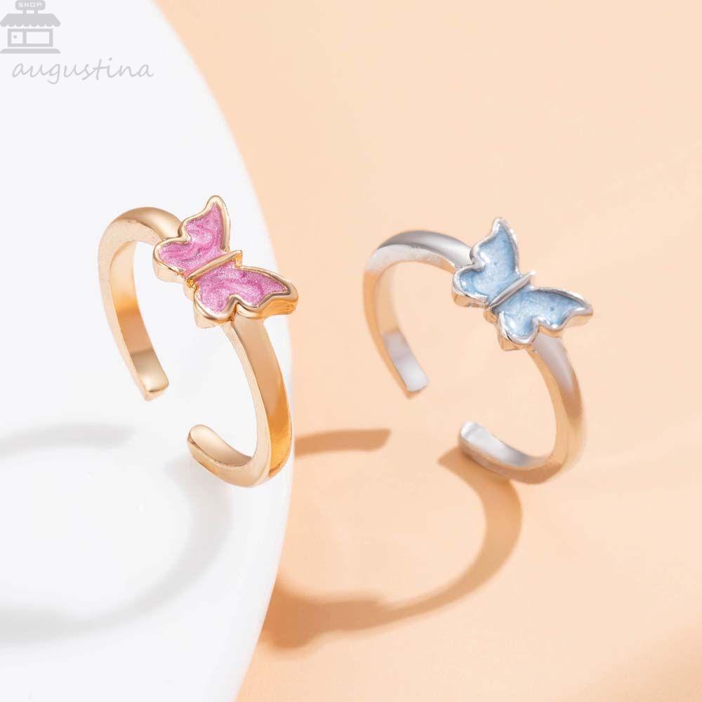 Agustina Kupu-Kupu Cincin Alloy Adjustable Pink Biru Aksesoris Fashion Warna Emas Sliver Color Women Rings