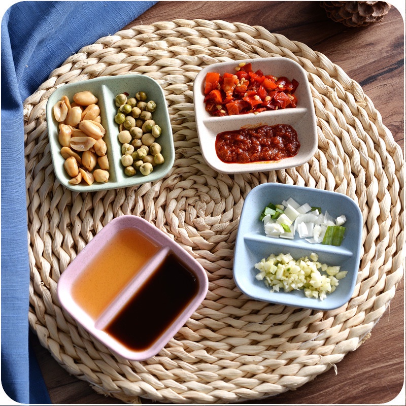 Salad Buah Permen Piring Kecil Piring Pangsit Peralatan Makan Wheat Straw Snack Plate Double Grid Cuka Kecap Seasoning Plate Serbaguna Reusable Perlengkapan Dapur Rumah