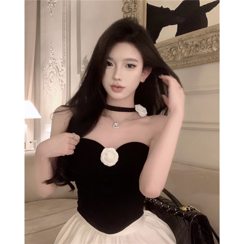 ☋Suhao babes flower halter neck camisole women s summer pure desire with chest pad self-budidaya sexy short top outerwear crop top sexy tank top wanita motif