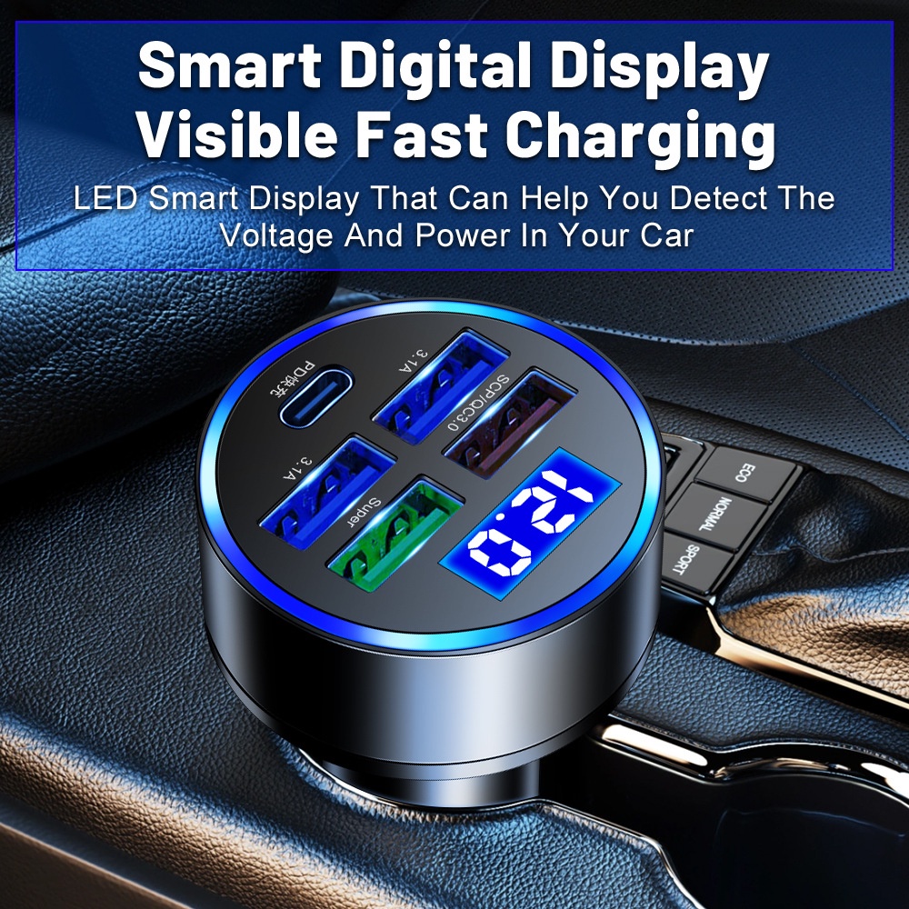 5-port Car LED Digital Display Charger Universal 150W Pengisian Cepat Adaptor Kendaraan Konverter Universal Tampilan Tembus Mewah Charger Aksesoris Interior Mobil