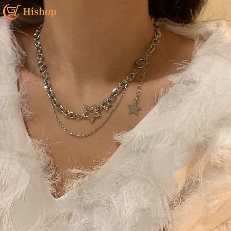 Y2k Kalung Bintang Kristal Silver Rumbai Klavikula Rantai Choker Untuk Aksesoris Perhiasan Wanita