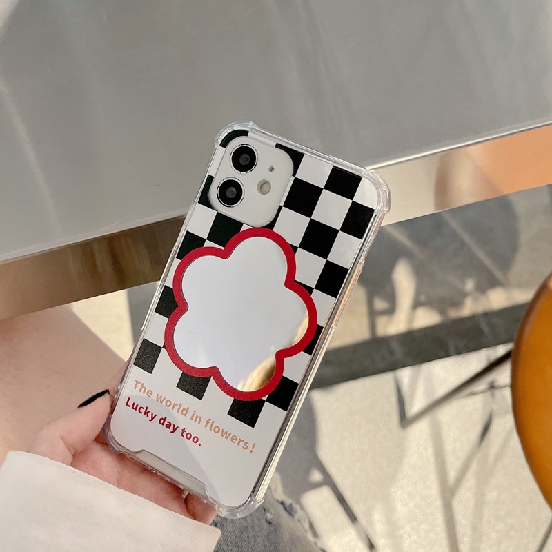 [Anti Jatuh Cermin] Pretty Makeup Silikon Soft Case IPhone 6S 7 8 Plus X XR XS Max IPhone 11 12 13 14 Pro Max 14 Plus 7 +8+12 13 mini Wanita Gadis Ins Fashion Cek Hitam Dan Putih